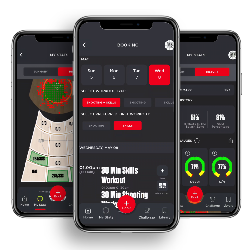Shoot 360 mobile app showing workout booking, shooting stats, and performance analytics on smartphone screens.
