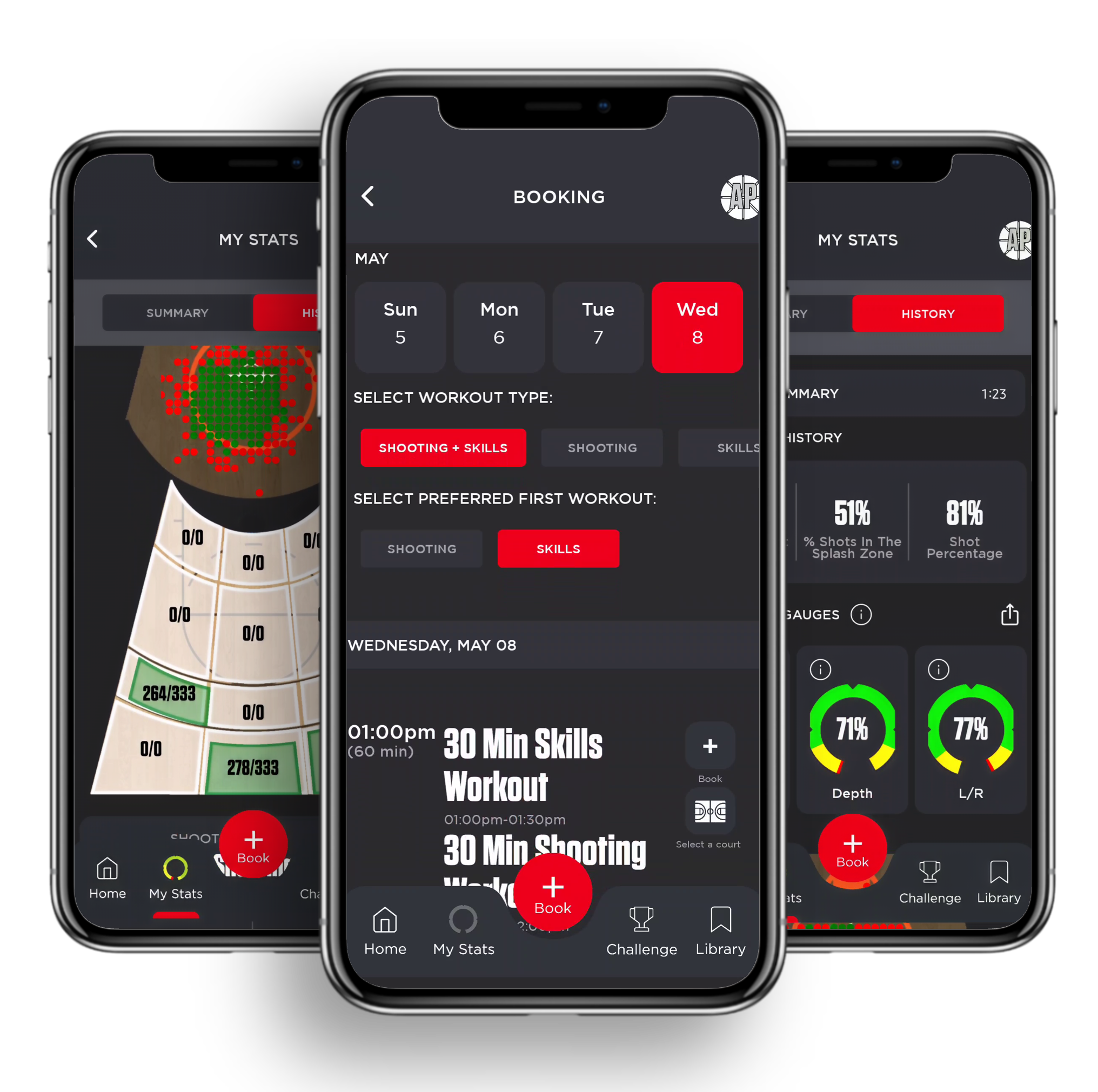 Shoot 360 mobile app showing workout booking, shooting stats, and performance analytics on smartphone screens.