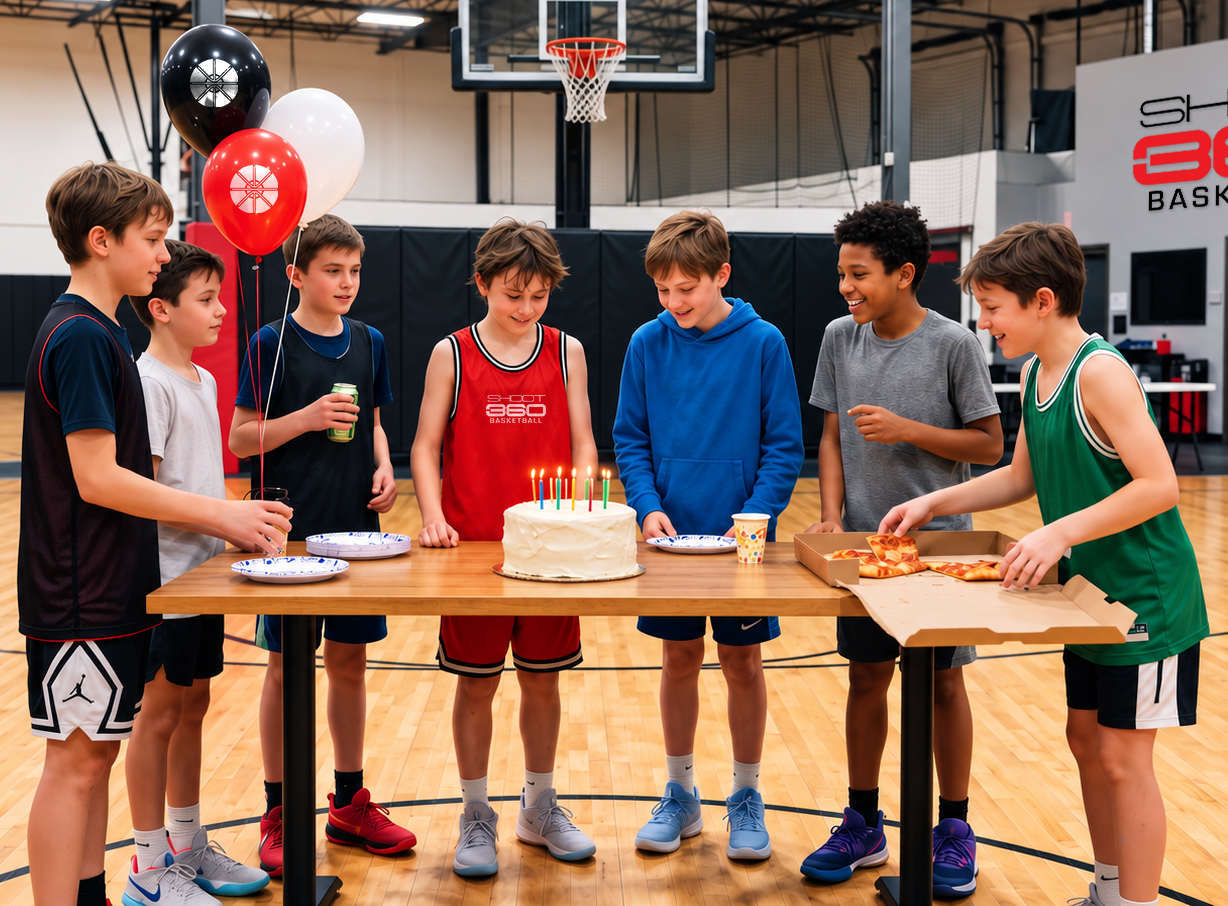 Seven boys stand around a table in a basketball gym, celebrating a birthday with a cake topped with candles, balloons, and pizza. They are smiling and appear to be enjoying the party together.